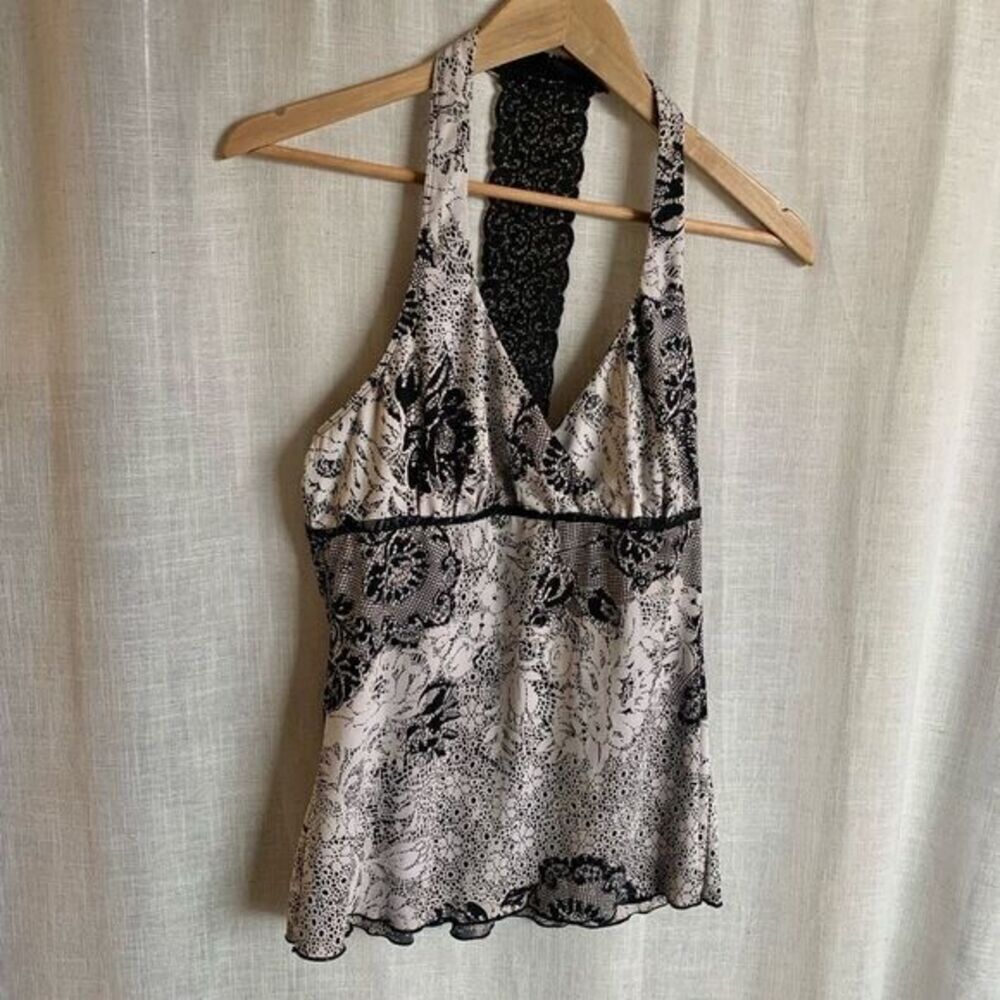 Vintage Studio Y Black & White Floral Halter Top - Custom Lace Detail, Womens XL